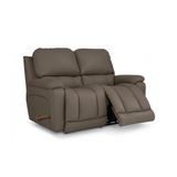Pebble gray full-leather motion reclining loveseat, split back cushions, footrest