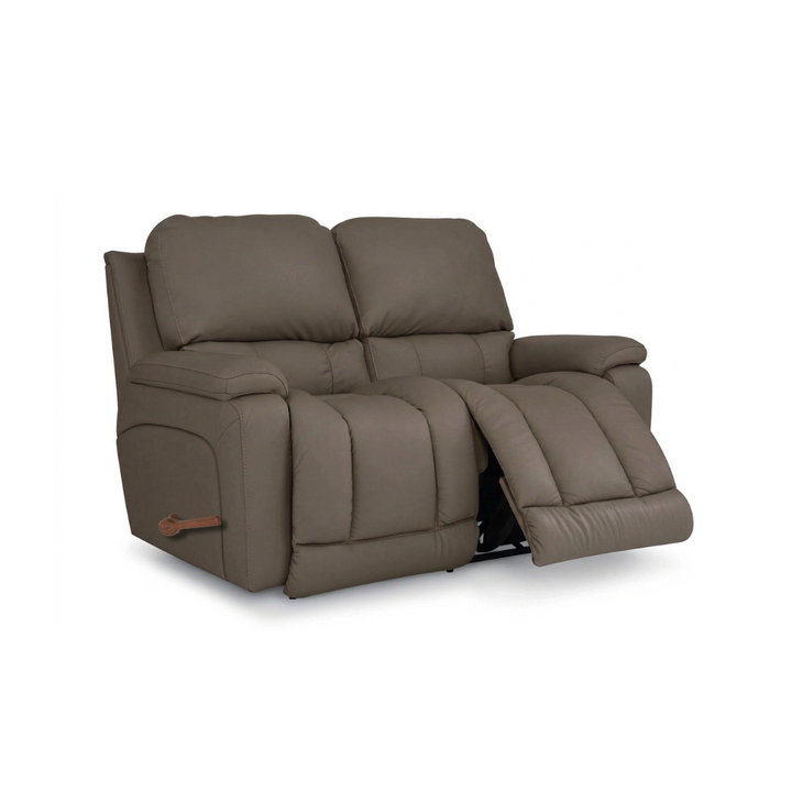 Pebble gray full-leather motion reclining loveseat, split back cushions, footrest