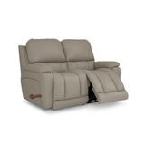 Stone beige full-leather motion reclining loveseat with extended footrest
