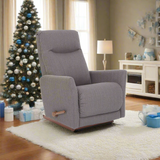 Grey fabric rocker recliner with side handle and cushioned backrest