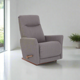 Grey fabric rocker recliner chair with wooden base and padded backrest