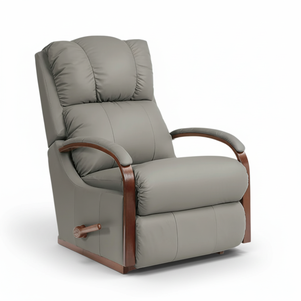 Full leather rocker recliner in gray with curved wooden arms and padded seat