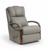Full leather rocker recliner in gray with curved wooden arms and padded seat
