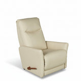 Leather rocker recliner chair, light cream with padded arms and recline lever