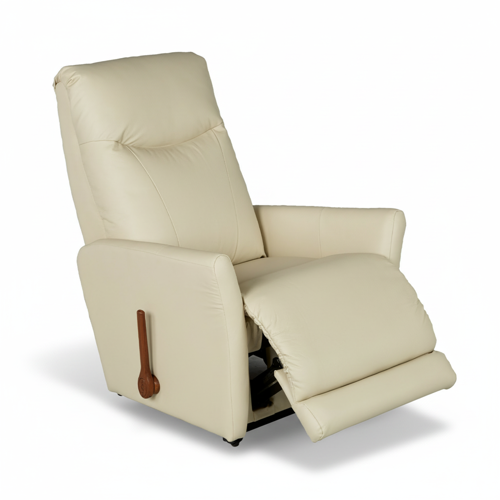 Light cream leather rocker recliner with extended ottoman and side wood handle