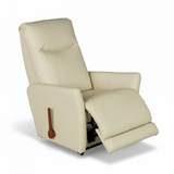 Light cream leather rocker recliner with extended ottoman and side wood handle