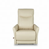 Light cream leather rocker recliner with tall backrest and padded footrest