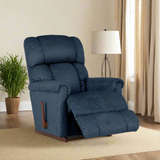 Dark blue fabric rocker recliner chair with recline footrest and vertical side handle