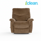Tan fabric wall recliner with cushioned arms and rounded front base
