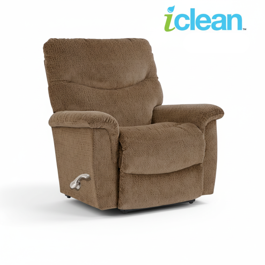 Brown fabric wall recliner with padded armrests and side control handle