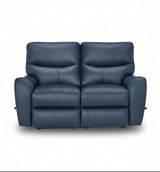 Navy leather motion reclining loveseat with padded armrests and wooden handles