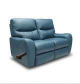 Blue leather motion reclining loveseat, front view with wooden pull handle