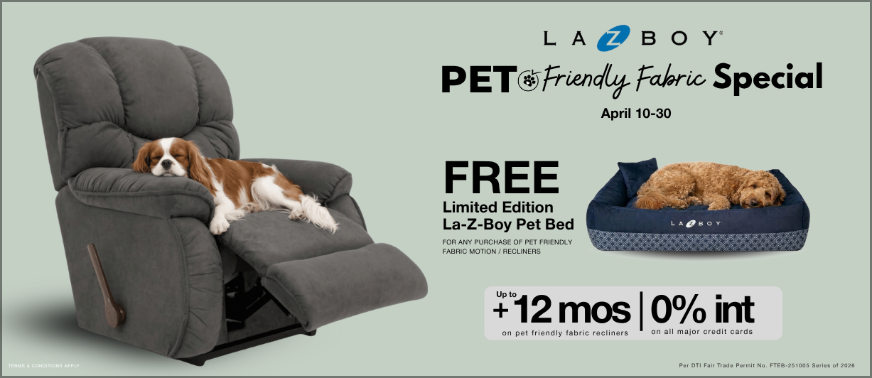 La-Z-Boy recliner with a dog on a light gray background, featuring a pet-friendly fabric promotion.