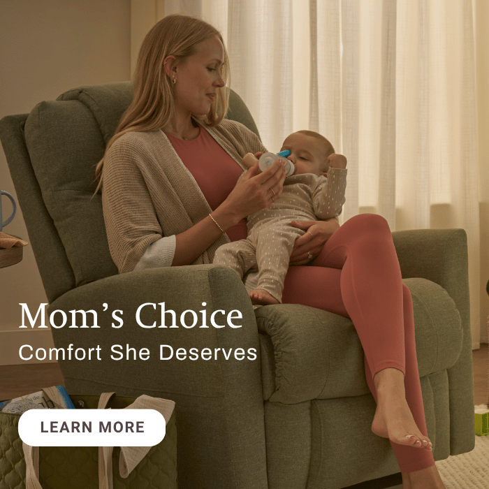 Woman sitting in a chair holding a baby and a bottle with text 'Mom's Choice Comfort She Deserves' and 'Learn More' button.