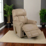 Tan full leather rocker recliner with open footrest and cushioned arms