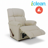 Cream fabric rocker recliner shown reclined with extended footrest and padded armrests