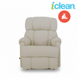 Cream fabric rocker recliner with tall back and cushioned seat, rolled armrests