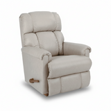 Light gray full leather rocker recliner with padded arms and reclining seat