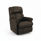 Dark brown full leather rocker recliner with padded headrest and side control lever