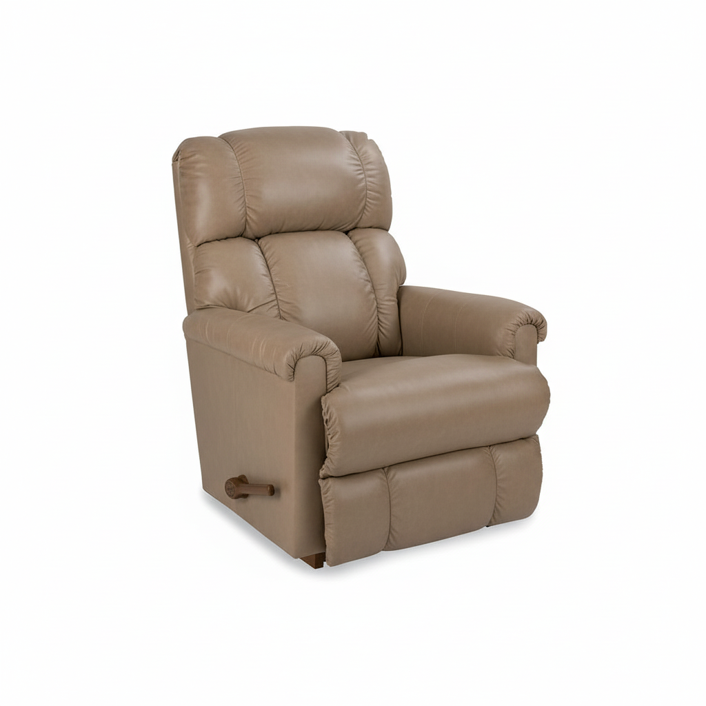 Full leather rocker recliner in tan with padded armrests and reclining seat