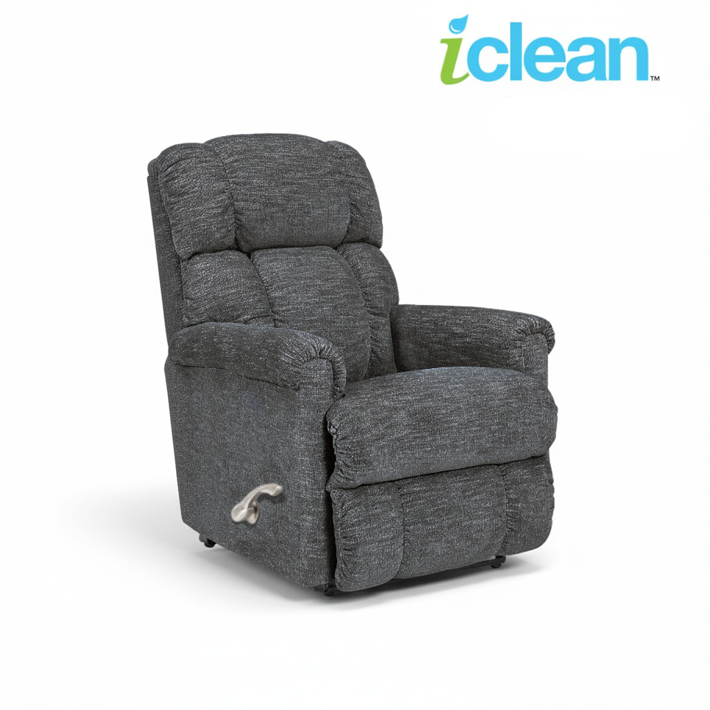 Gray fabric wall recliner with cushioned back, arm pads, and side lever handle