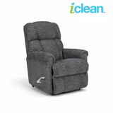 Gray fabric wall recliner with cushioned back, arm pads, and side lever handle