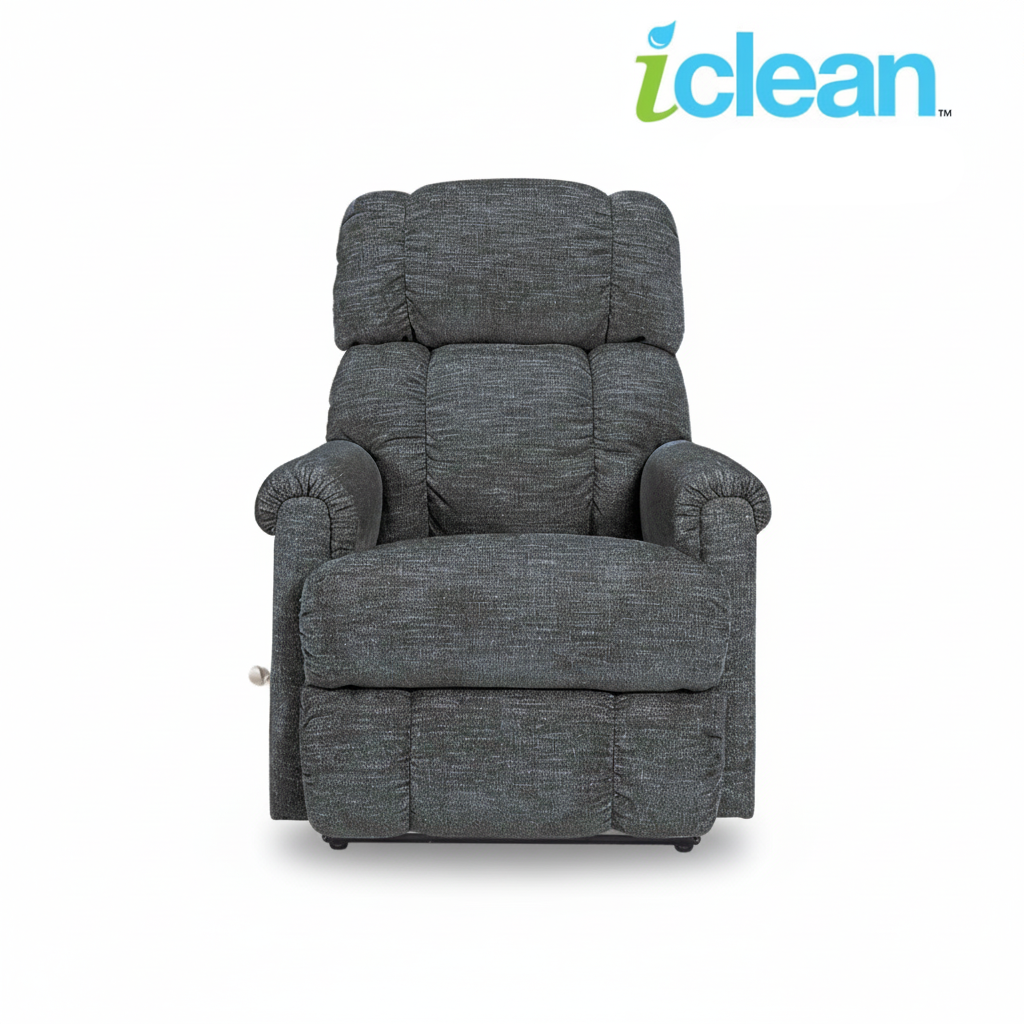 Gray fabric wall recliner with tall headrest, padded arms, and wide cushioned seat
