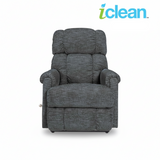 Gray fabric wall recliner with tall headrest, padded arms, and wide cushioned seat