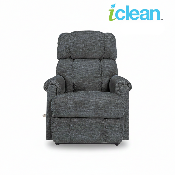 Gray fabric wall recliner with tall headrest, padded arms, and wide cushioned seat