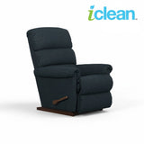 Dark blue fabric rocker recliner with padded arms and lever handle