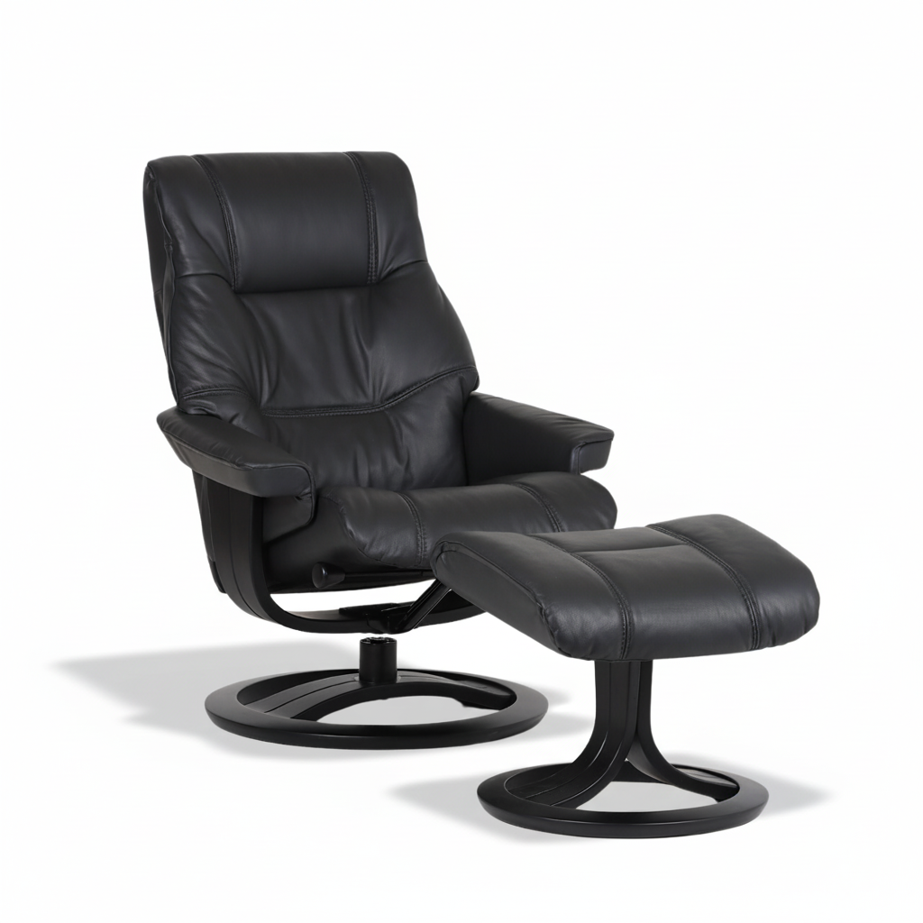 ROSLIN full leather pedestal chair with dark leather upholstery and circular black base