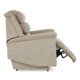 Beige power lift recliner chair with high padded headrest and side pull handle