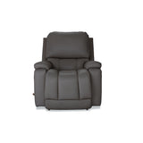 Dark gray leather rocker recliner with tall headrest and cushioned arms, front view