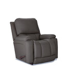 Dark gray leather rocker recliner with padded arms and reclined seat, side view