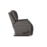Dark gray leather rocker recliner showing side profile with pull handle, reclined