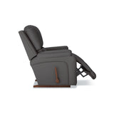 Dark gray leather rocker recliner with chaise footrest extended and pull handle visible
