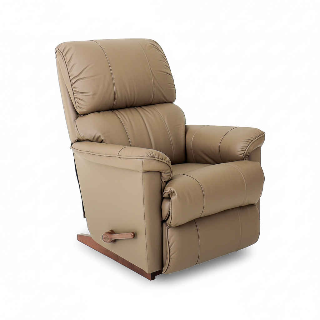 STANLEY leather rocker recliner in tan with recline footrest and visible side handle