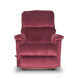 Fabric rocker recliner with tufted headrest, padded arms, and matching footrest
