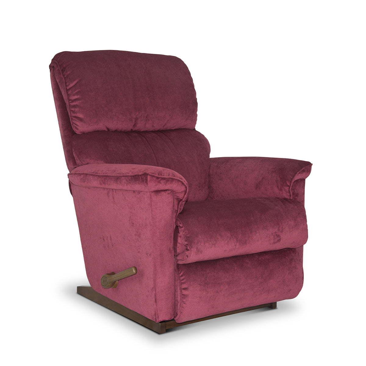 Fabric rocker recliner with pull handle on side panel and folded footrest