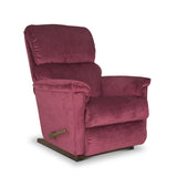 Fabric rocker recliner with pull handle on side panel and folded footrest