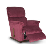 Fabric rocker recliner with extended ottoman, side pull handle, and plush cushions