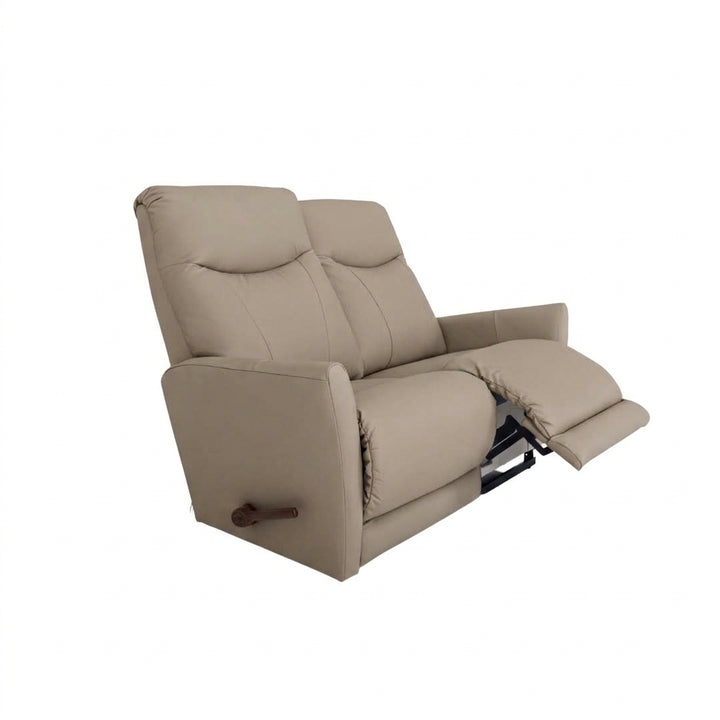 Pebble leather motion reclining loveseat with two padded headrests and pull tab handle