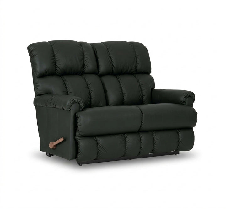 Black full-leather reclining loveseat with padded armrest and tufted back cushions