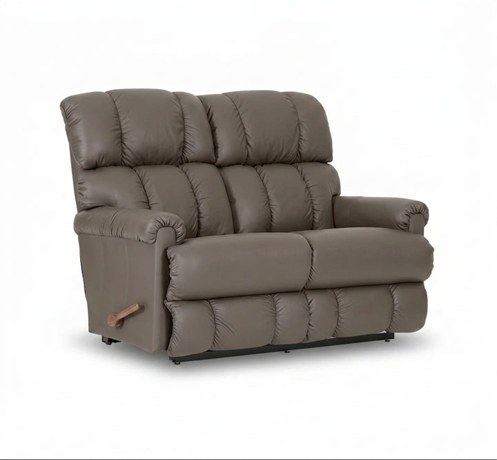 Mushroom full-leather reclining loveseat with tufted back and wide padded arms