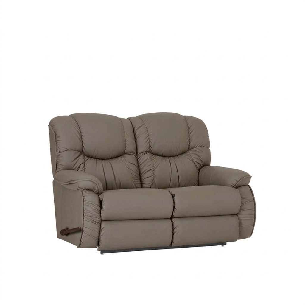 Pebble leather reclining loveseat with padded arms and tufted back cushions