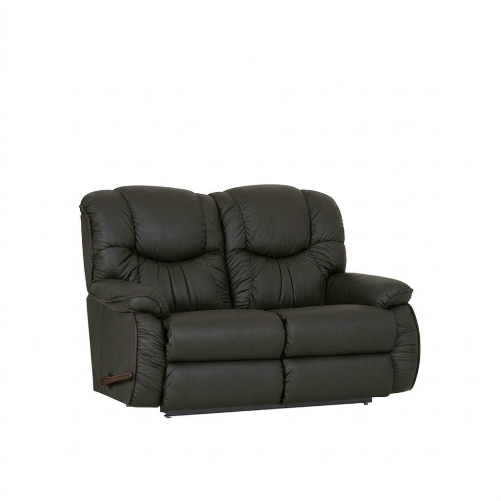 Black full-leather reclining loveseat with padded arms, tufted back cushions
