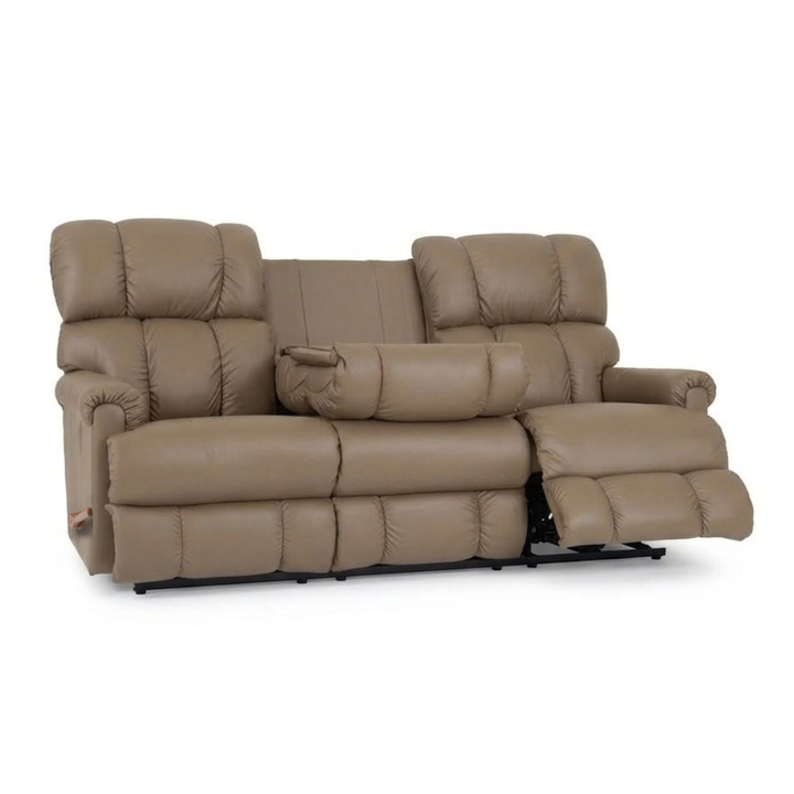 Light tan leather motion reclining sofa with drop-down table and tufted back cushions