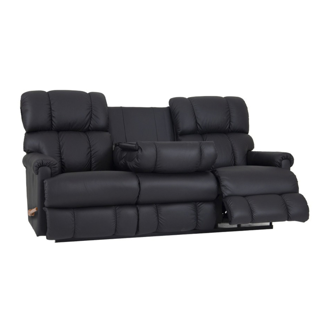 Black leather motion reclining sofa with drop-down table, padded arm and seat cushions