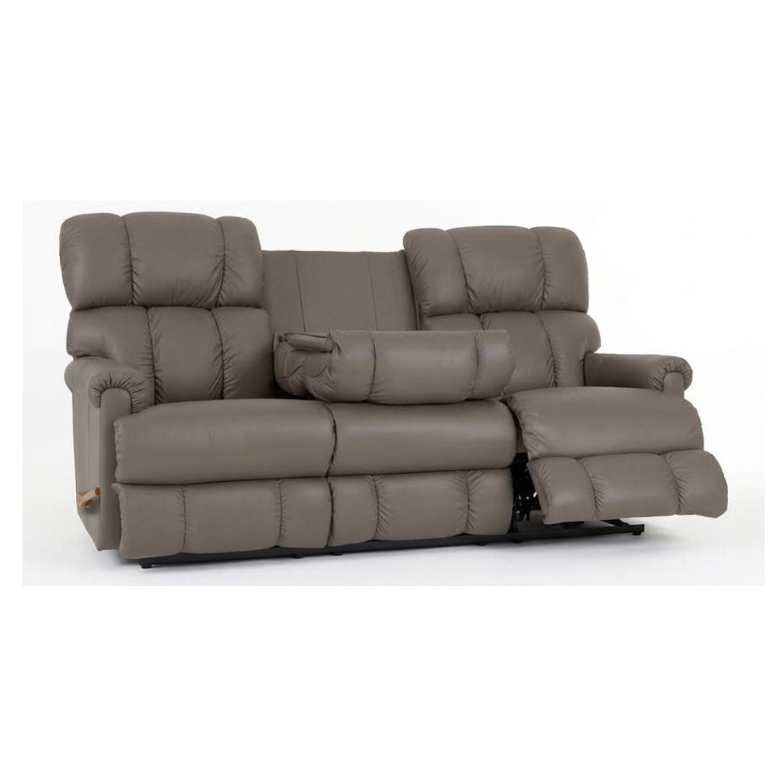 Light tan leather motion reclining sofa with drop-down table and padded chaise footrest