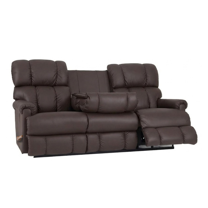 Brown leather motion reclining sofa with drop-down table and tufted back cushions